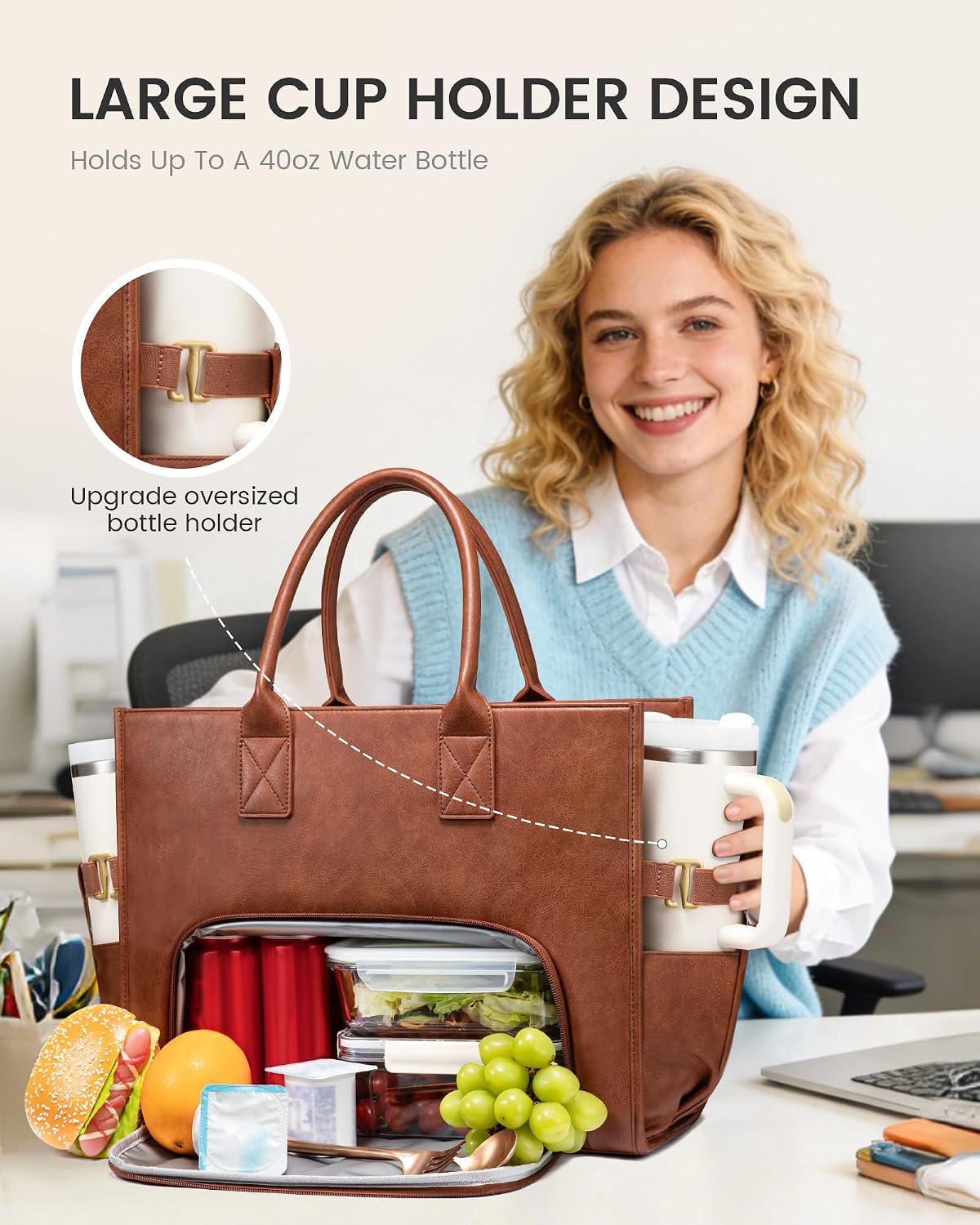 Work Tote Bag with Lunch Compartment with Giant Tumbler Holder,17 Inch Waterproof 3 in 1 Lunch Bag Women Men Laptop Bag Purse Tote with Padded Sleeve for Teacher,Nurse,College,Travel,Office