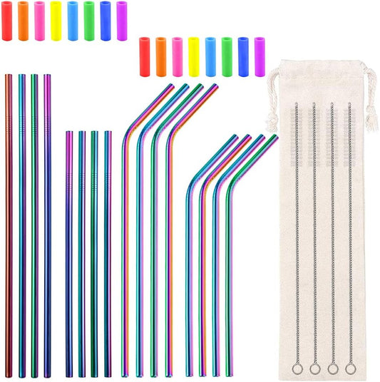 16 Pcs Metal Straw Reusable 8.5" 10.5" 6mm Stainless Steel Straws for Tumblers 20oz-32oz, Rainbow Drinking Straws with Silicone Tips, 4 Straw Cleaner Brush, 1 Travel Case