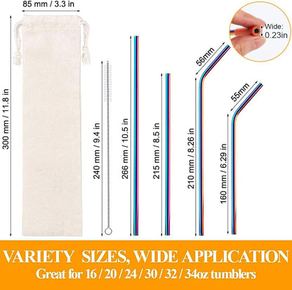 16 Pcs Metal Straw Reusable 8.5" 10.5" 6mm Stainless Steel Straws for Tumblers 20oz-32oz, Rainbow Drinking Straws with Silicone Tips, 4 Straw Cleaner Brush, 1 Travel Case