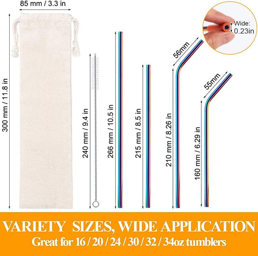 16 Pcs Metal Straw Reusable 8.5" 10.5" 6mm Stainless Steel Straws for Tumblers 20oz-32oz, Rainbow Drinking Straws with Silicone Tips, 4 Straw Cleaner Brush, 1 Travel Case