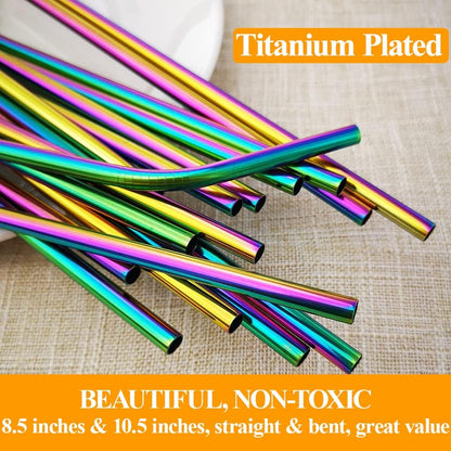 16 Pcs Metal Straw Reusable 8.5" 10.5" 6mm Stainless Steel Straws for Tumblers 20oz-32oz, Rainbow Drinking Straws with Silicone Tips, 4 Straw Cleaner Brush, 1 Travel Case