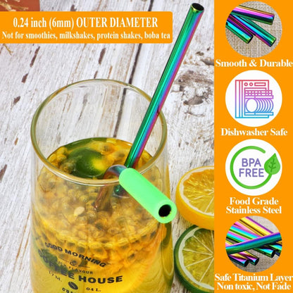 16 Pcs Metal Straw Reusable 8.5" 10.5" 6mm Stainless Steel Straws for Tumblers 20oz-32oz, Rainbow Drinking Straws with Silicone Tips, 4 Straw Cleaner Brush, 1 Travel Case