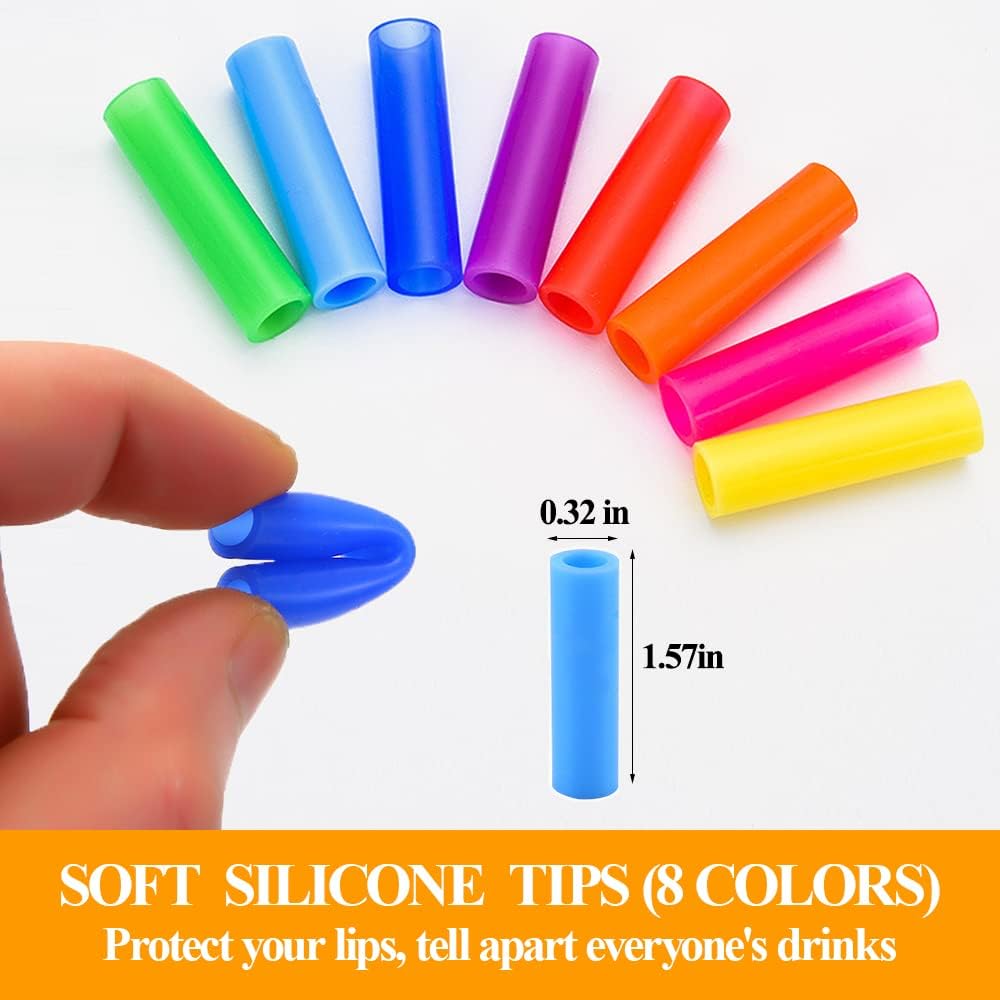16 Pcs Metal Straw Reusable 8.5" 10.5" 6mm Stainless Steel Straws for Tumblers 20oz-32oz, Rainbow Drinking Straws with Silicone Tips, 4 Straw Cleaner Brush, 1 Travel Case
