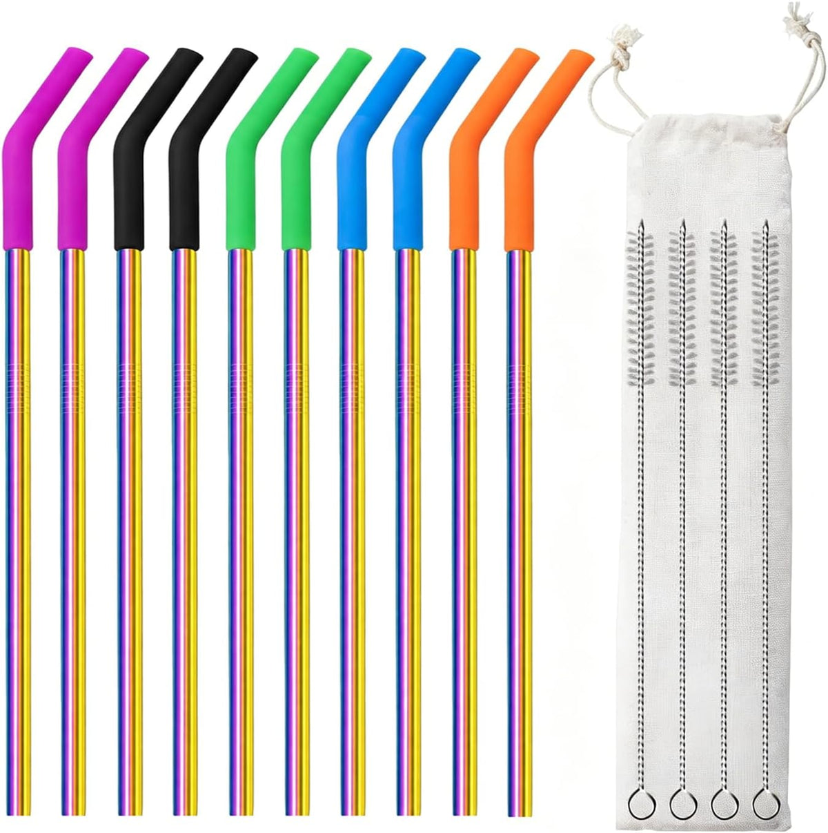 16 Pcs Metal Straw Reusable 8.5" 10.5" 6mm Stainless Steel Straws for Tumblers 20oz-32oz, Rainbow Drinking Straws with Silicone Tips, 4 Straw Cleaner Brush, 1 Travel Case