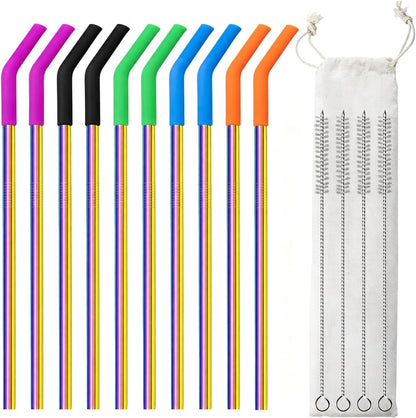 16 Pcs Metal Straw Reusable 8.5" 10.5" 6mm Stainless Steel Straws for Tumblers 20oz-32oz, Rainbow Drinking Straws with Silicone Tips, 4 Straw Cleaner Brush, 1 Travel Case