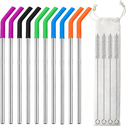 16 Pcs Metal Straw Reusable 8.5" 10.5" 6mm Stainless Steel Straws for Tumblers 20oz-32oz, Rainbow Drinking Straws with Silicone Tips, 4 Straw Cleaner Brush, 1 Travel Case