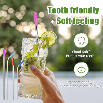 16 Pcs Metal Straw Reusable 8.5" 10.5" 6mm Stainless Steel Straws for Tumblers 20oz-32oz, Rainbow Drinking Straws with Silicone Tips, 4 Straw Cleaner Brush, 1 Travel Case