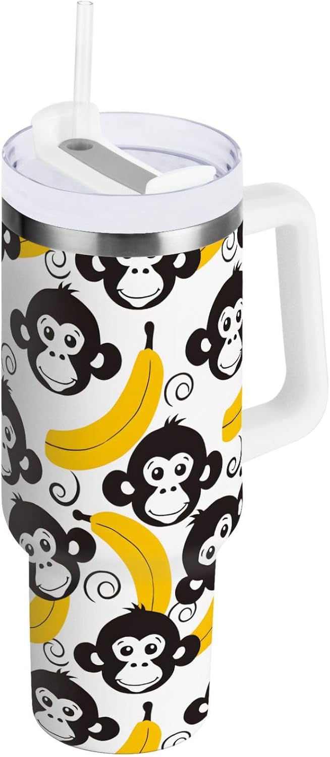 Monkey Face Banana 30 oz Tumbler with Handle and Straw Lid, Insulated Stainless Steel Water Bottle Portable Travel Coffee Tea Mug Cup - Colors D