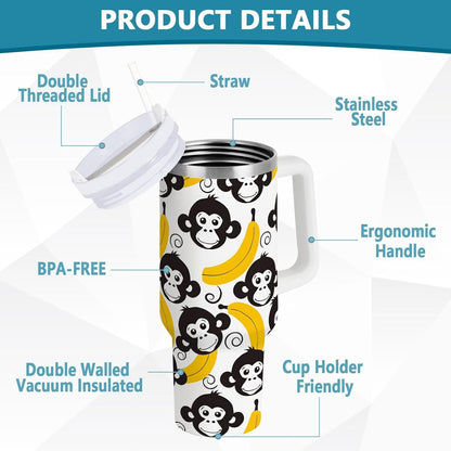 Monkey Face Banana 30 oz Tumbler with Handle and Straw Lid, Insulated Stainless Steel Water Bottle Portable Travel Coffee Tea Mug Cup - Colors D