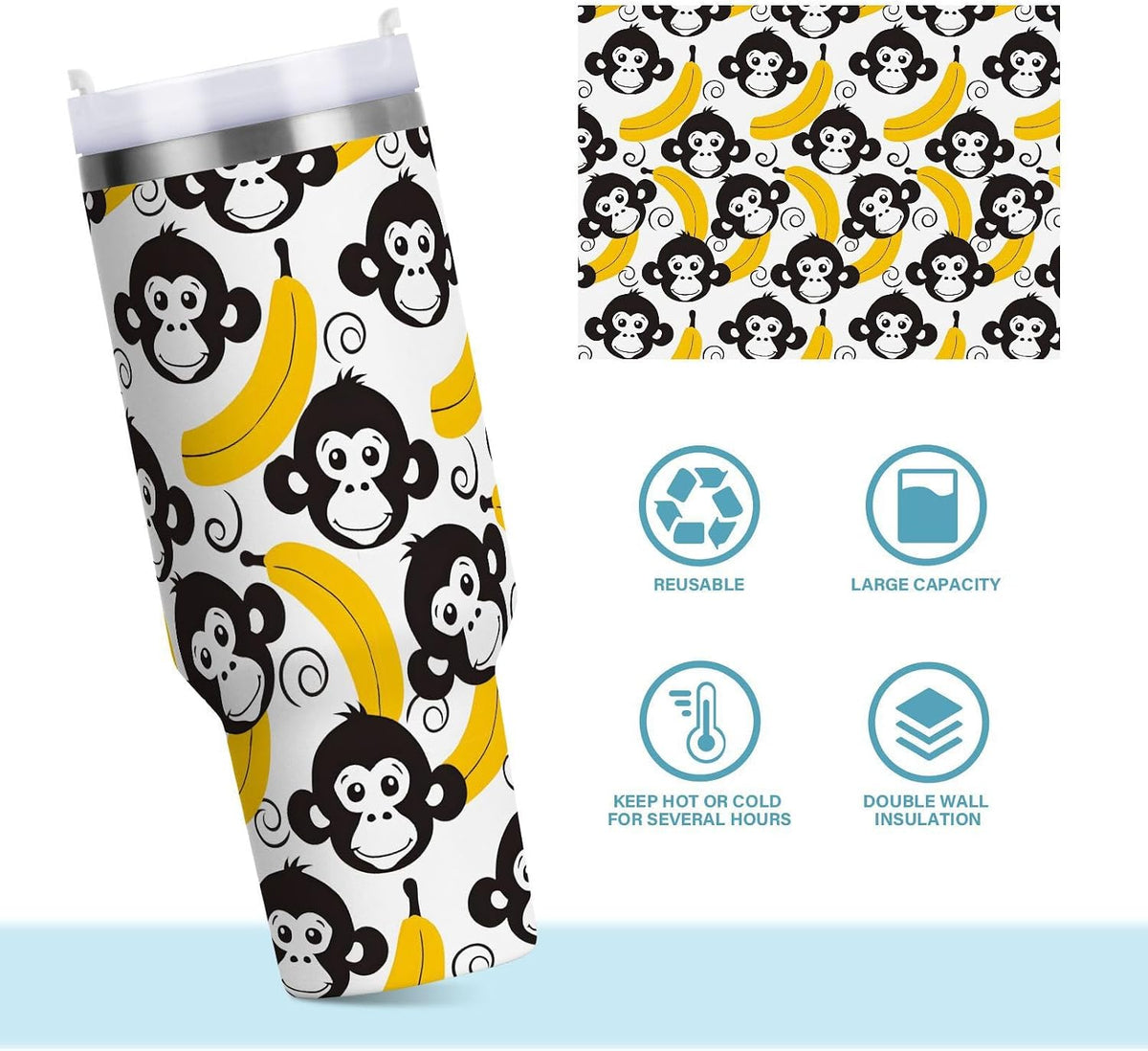 Monkey Face Banana 30 oz Tumbler with Handle and Straw Lid, Insulated Stainless Steel Water Bottle Portable Travel Coffee Tea Mug Cup - Colors D