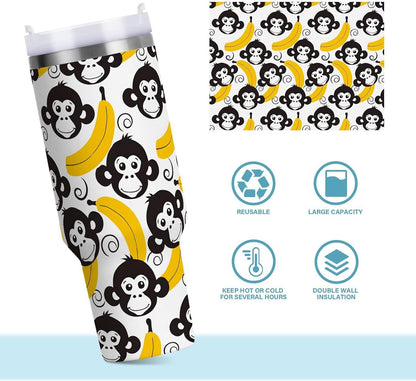 Monkey Face Banana 30 oz Tumbler with Handle and Straw Lid, Insulated Stainless Steel Water Bottle Portable Travel Coffee Tea Mug Cup - Colors D