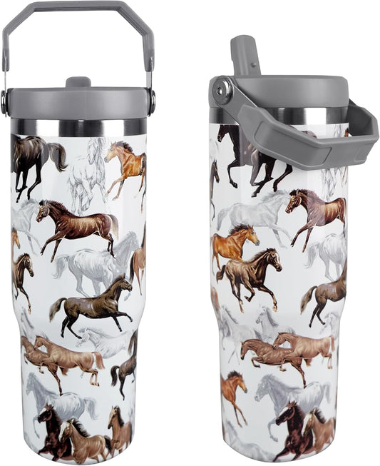 30 oz Horse Tumbler with Straw Handle, Vintage Gifts for Women Men Horse Lover, Stainless Steel Insulated Water Bottle Coffee Cups for Home Office Travel（White）