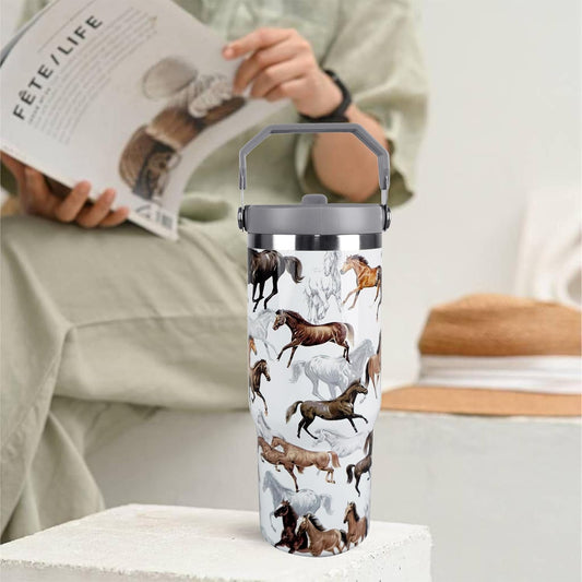30 oz Horse Tumbler with Straw Handle, Vintage Gifts for Women Men Horse Lover, Stainless Steel Insulated Water Bottle Coffee Cups for Home Office Travel（White）