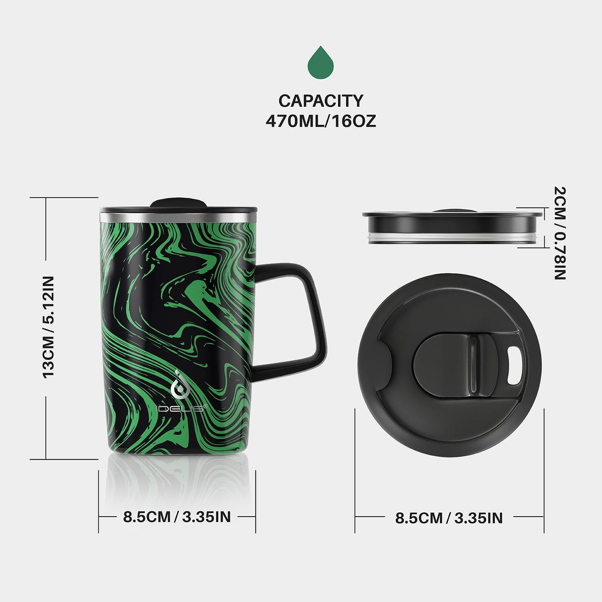 16oz Insulated Stainless Steel Coffee Mug with Lid Leopard Dark Green | 18/8 Stainless Steel | Double Wall Vacuum | 3D Print Finish | Sweat-Free Exterior | Sliding Lid | Ideal for Home & Office