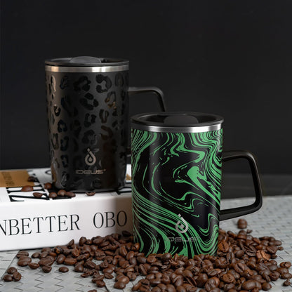 16oz Insulated Stainless Steel Coffee Mug with Lid Leopard Dark Green | 18/8 Stainless Steel | Double Wall Vacuum | 3D Print Finish | Sweat-Free Exterior | Sliding Lid | Ideal for Home & Office