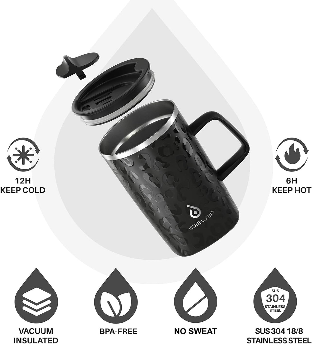 16oz Insulated Stainless Steel Coffee Mug with Lid Leopard Dark Green | 18/8 Stainless Steel | Double Wall Vacuum | 3D Print Finish | Sweat-Free Exterior | Sliding Lid | Ideal for Home & Office