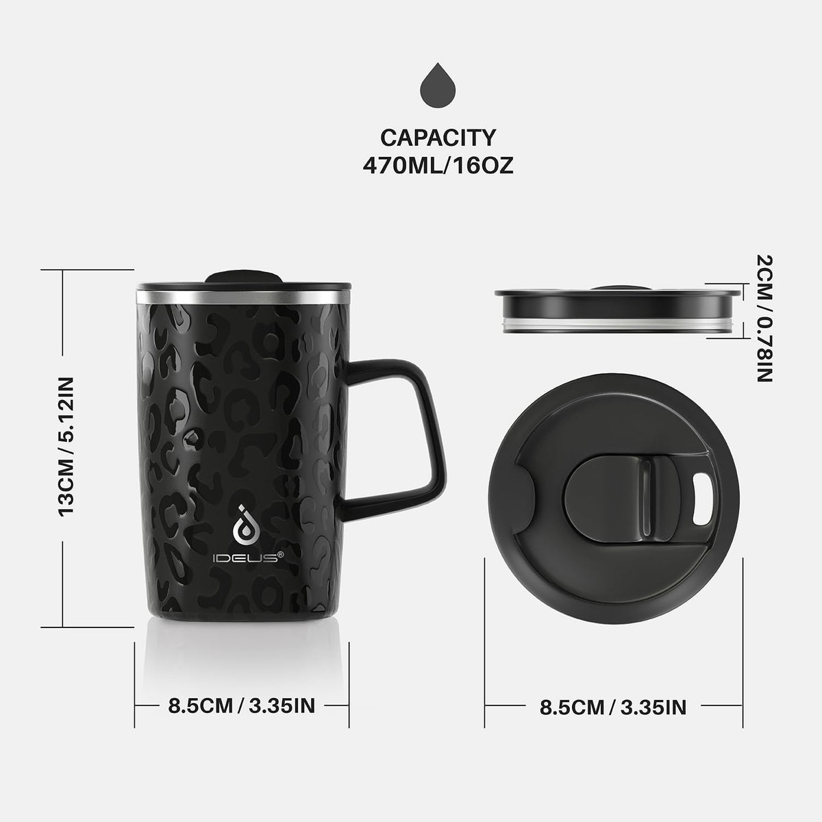 16oz Insulated Stainless Steel Coffee Mug with Lid Leopard Dark Green | 18/8 Stainless Steel | Double Wall Vacuum | 3D Print Finish | Sweat-Free Exterior | Sliding Lid | Ideal for Home & Office