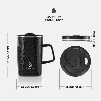 16oz Insulated Stainless Steel Coffee Mug with Lid Leopard Dark Green | 18/8 Stainless Steel | Double Wall Vacuum | 3D Print Finish | Sweat-Free Exterior | Sliding Lid | Ideal for Home & Office