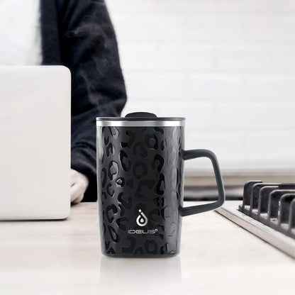 16oz Insulated Stainless Steel Coffee Mug with Lid Leopard Dark Green | 18/8 Stainless Steel | Double Wall Vacuum | 3D Print Finish | Sweat-Free Exterior | Sliding Lid | Ideal for Home & Office