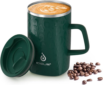 16oz Insulated Stainless Steel Coffee Mug with Lid Leopard Dark Green | 18/8 Stainless Steel | Double Wall Vacuum | 3D Print Finish | Sweat-Free Exterior | Sliding Lid | Ideal for Home & Office