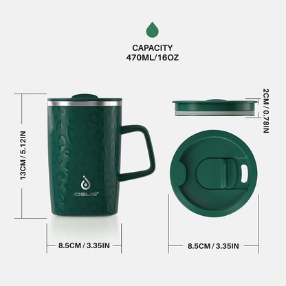 16oz Insulated Stainless Steel Coffee Mug with Lid Leopard Dark Green | 18/8 Stainless Steel | Double Wall Vacuum | 3D Print Finish | Sweat-Free Exterior | Sliding Lid | Ideal for Home & Office