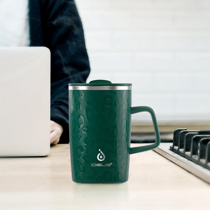 16oz Insulated Stainless Steel Coffee Mug with Lid Leopard Dark Green | 18/8 Stainless Steel | Double Wall Vacuum | 3D Print Finish | Sweat-Free Exterior | Sliding Lid | Ideal for Home & Office