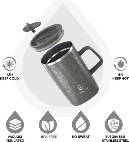16oz Insulated Stainless Steel Coffee Mug with Lid Leopard Dark Green | 18/8 Stainless Steel | Double Wall Vacuum | 3D Print Finish | Sweat-Free Exterior | Sliding Lid | Ideal for Home & Office