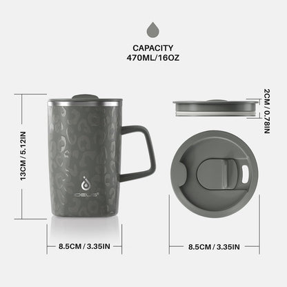 16oz Insulated Stainless Steel Coffee Mug with Lid Leopard Dark Green | 18/8 Stainless Steel | Double Wall Vacuum | 3D Print Finish | Sweat-Free Exterior | Sliding Lid | Ideal for Home & Office