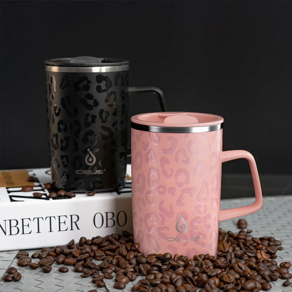 16oz Insulated Stainless Steel Coffee Mug with Lid Leopard Dark Green | 18/8 Stainless Steel | Double Wall Vacuum | 3D Print Finish | Sweat-Free Exterior | Sliding Lid | Ideal for Home & Office