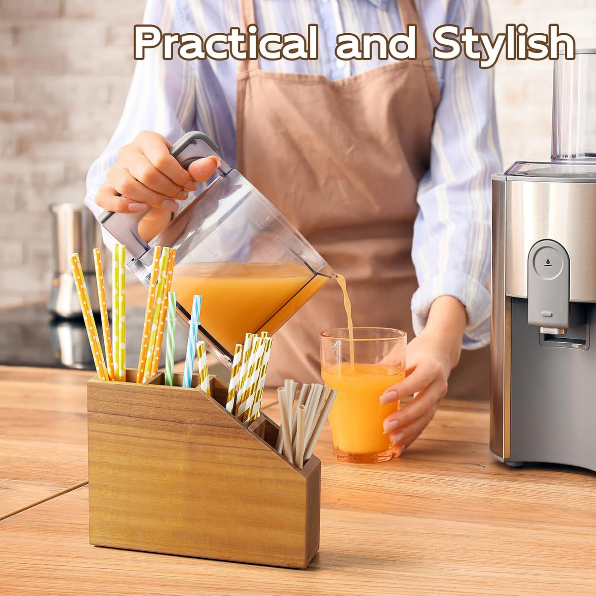 Straw Holder, Acacia Wood Straws Organizer, Cupboard Reusable Straws Dispenser for Kitchen Counter