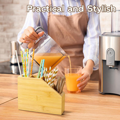 Straw Holder, Acacia Wood Straws Organizer, Cupboard Reusable Straws Dispenser for Kitchen Counter