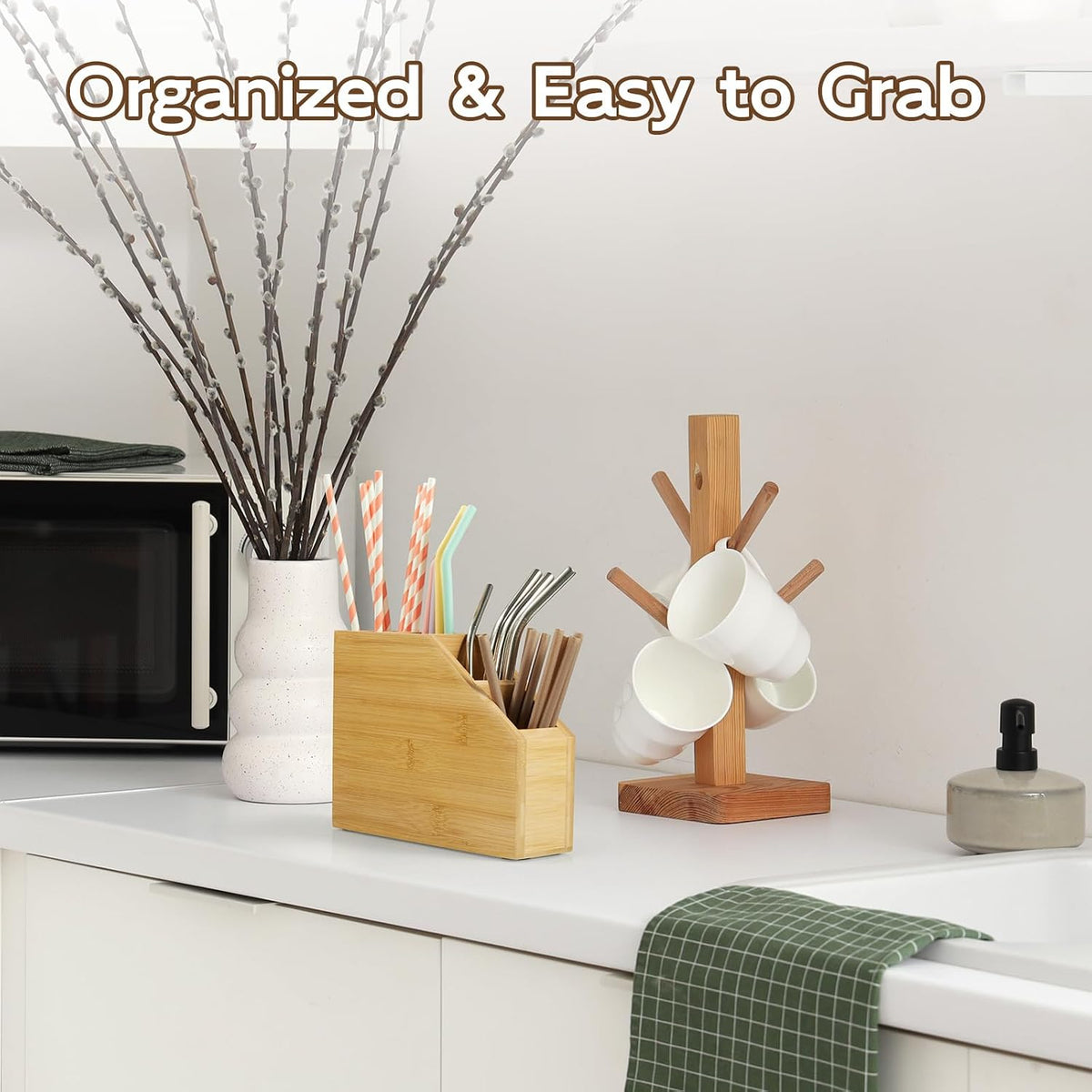 Straw Holder, Acacia Wood Straws Organizer, Cupboard Reusable Straws Dispenser for Kitchen Counter