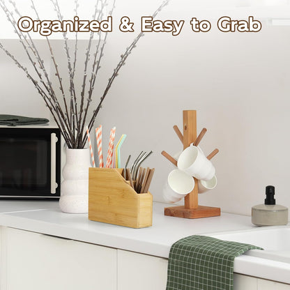 Straw Holder, Acacia Wood Straws Organizer, Cupboard Reusable Straws Dispenser for Kitchen Counter