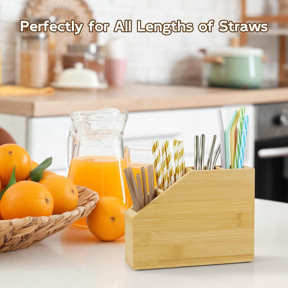 Straw Holder, Acacia Wood Straws Organizer, Cupboard Reusable Straws Dispenser for Kitchen Counter