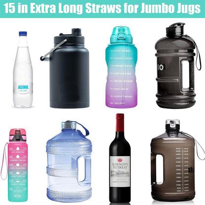 15 inch Extra Long Reusable Black Silicone Straws, 4-Pack Flexible Straws for Stanley 40 oz Tumbler, 1 Gallon Water Bottle, Wine Bottle, 128 64 oz Tumbler with Brush