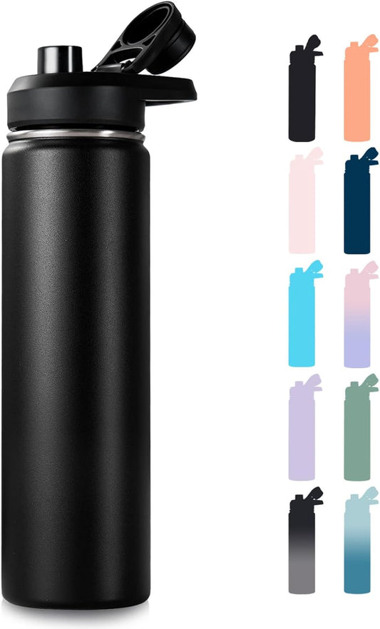 Insulated Water Bottle with Handle, 304 Stainless Steel Water Bottles with Wide Mouth, Double Wall Vacuum Sports Water Bottle, BPA Free, Keep Cold and Hot, 24 Ounces, Black