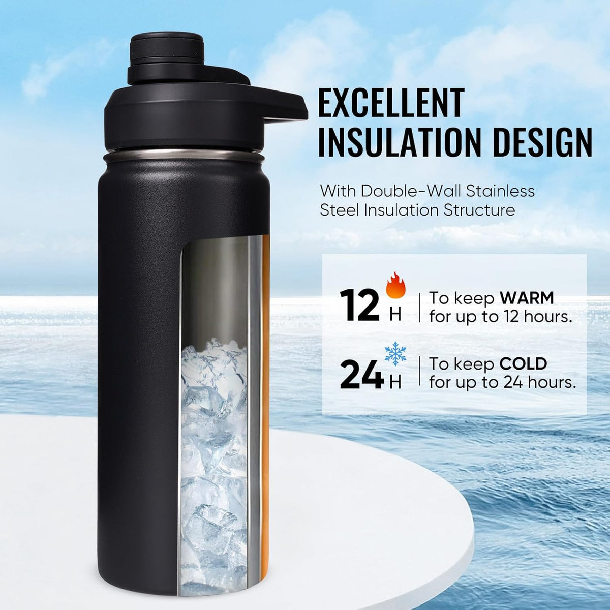 Insulated Water Bottle with Handle, 304 Stainless Steel Water Bottles with Wide Mouth, Double Wall Vacuum Sports Water Bottle, BPA Free, Keep Cold and Hot, 24 Ounces, Black