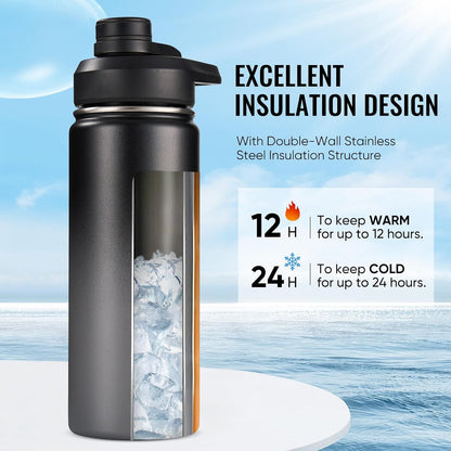 Insulated Water Bottle with Handle, 304 Stainless Steel Water Bottles with Wide Mouth, Double Wall Vacuum Sports Water Bottle, BPA Free, Keep Cold and Hot, 24 Ounces, Black