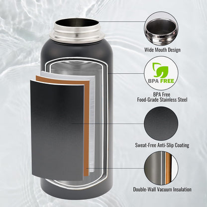Insulated Water Bottle with Handle, 304 Stainless Steel Water Bottles with Wide Mouth, Double Wall Vacuum Sports Water Bottle, BPA Free, Keep Cold and Hot, 24 Ounces, Black