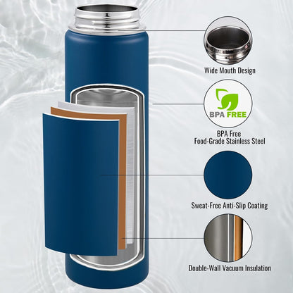 Insulated Water Bottle with Handle, 304 Stainless Steel Water Bottles with Wide Mouth, Double Wall Vacuum Sports Water Bottle, BPA Free, Keep Cold and Hot, 24 Ounces, Black