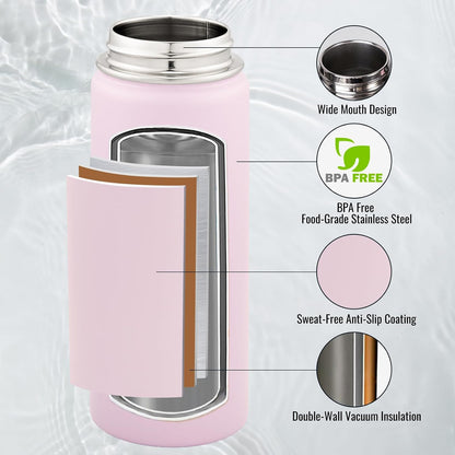 Insulated Water Bottle with Handle, 304 Stainless Steel Water Bottles with Wide Mouth, Double Wall Vacuum Sports Water Bottle, BPA Free, Keep Cold and Hot, 24 Ounces, Black