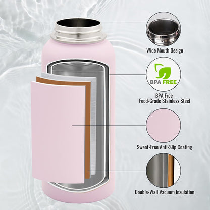 Insulated Water Bottle with Handle, 304 Stainless Steel Water Bottles with Wide Mouth, Double Wall Vacuum Sports Water Bottle, BPA Free, Keep Cold and Hot, 24 Ounces, Black