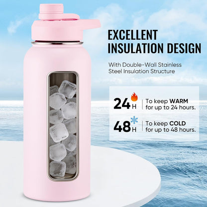 Insulated Water Bottle with Handle, 304 Stainless Steel Water Bottles with Wide Mouth, Double Wall Vacuum Sports Water Bottle, BPA Free, Keep Cold and Hot, 24 Ounces, Black