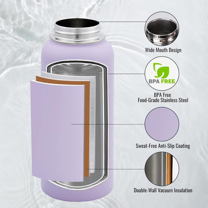 Insulated Water Bottle with Handle, 304 Stainless Steel Water Bottles with Wide Mouth, Double Wall Vacuum Sports Water Bottle, BPA Free, Keep Cold and Hot, 24 Ounces, Black