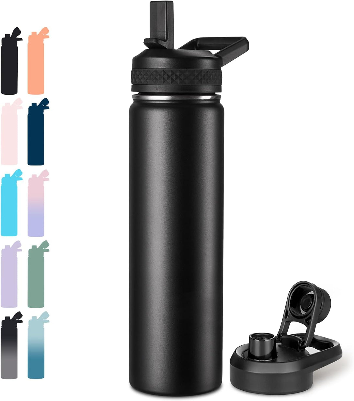 Insulated Water Bottle with Handle, 304 Stainless Steel Water Bottles with Wide Mouth, Double Wall Vacuum Sports Water Bottle, BPA Free, Keep Cold and Hot, 24 Ounces, Black