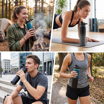 Insulated Water Bottle with Handle, 304 Stainless Steel Water Bottles with Wide Mouth, Double Wall Vacuum Sports Water Bottle, BPA Free, Keep Cold and Hot, 24 Ounces, Black