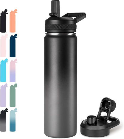 Insulated Water Bottle with Handle, 304 Stainless Steel Water Bottles with Wide Mouth, Double Wall Vacuum Sports Water Bottle, BPA Free, Keep Cold and Hot, 24 Ounces, Black