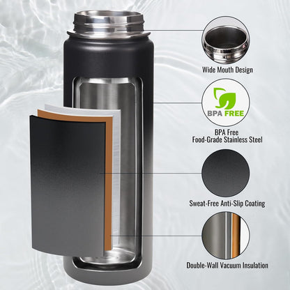 Insulated Water Bottle with Handle, 304 Stainless Steel Water Bottles with Wide Mouth, Double Wall Vacuum Sports Water Bottle, BPA Free, Keep Cold and Hot, 24 Ounces, Black
