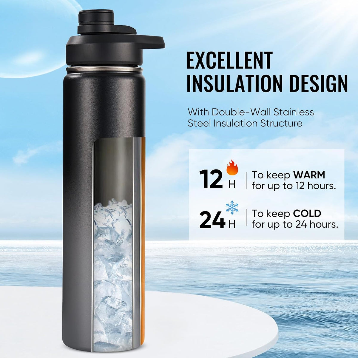 Insulated Water Bottle with Handle, 304 Stainless Steel Water Bottles with Wide Mouth, Double Wall Vacuum Sports Water Bottle, BPA Free, Keep Cold and Hot, 24 Ounces, Black