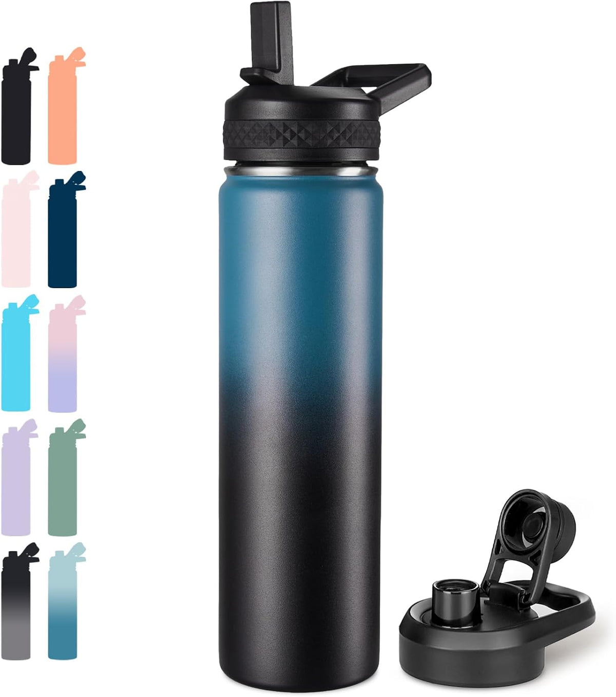 Insulated Water Bottle with Handle, 304 Stainless Steel Water Bottles with Wide Mouth, Double Wall Vacuum Sports Water Bottle, BPA Free, Keep Cold and Hot, 24 Ounces, Black